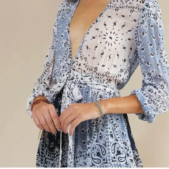 Free People Blue and Cream Patterned BoHo Maxi Dress - Picture 1 of 6